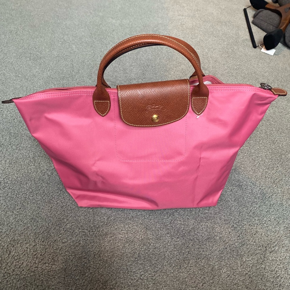 Longchamp Pink Nylon Le Pliage Tote with Brown Leather Trim